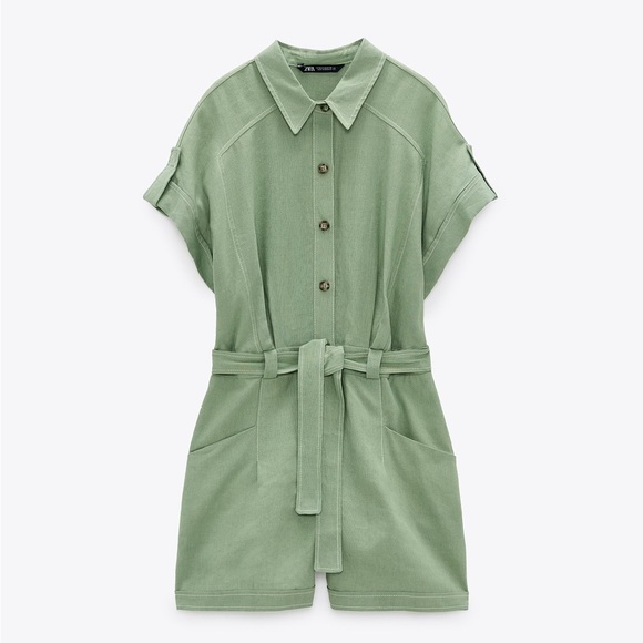 Zara Linen TOPSTITCHED Short JUMPSUIT Romper w/ Belt Green Size XS NEW - Picture 6 of 8